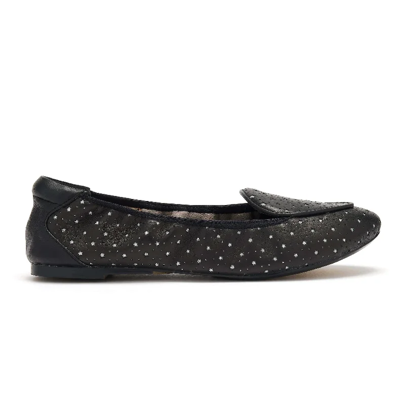 Women's Bow - Embellished Ballet Flats with a Platform Sole in Red for Added Height Clapham - Black Leather Flats with Silver Stars Women's Bow - Embellished Ballet Flats with a Platform Sole in Red for Added Height Clapham - Black Leather Flats with Silver Stars