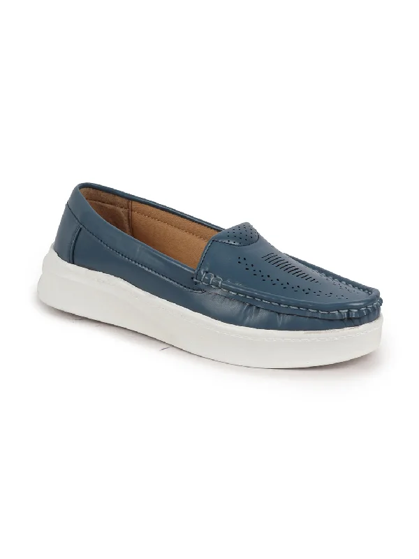 Women Blue Perforation Laser Cut Stitched Casual Slip On Loafer|Work|Outdoor|Slip On Shoes|Office Wear Women Blue Perforation Laser Cut Stitched Casual Slip On Loafer|Work|Outdoor|Slip On Shoes|Office Wear