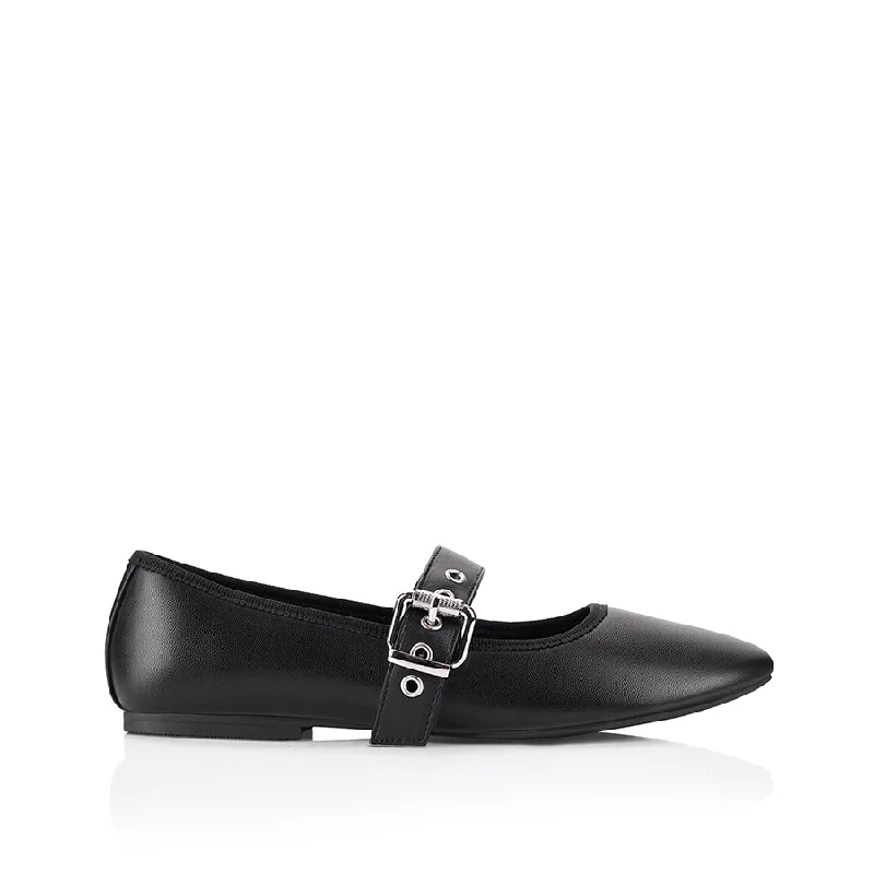 Women's Embroidered Floral Pattern Ballet Flats in White for a Spring - Inspired Outfit Banks Buckled Mary-Jane Flats - Black Women's Embroidered Floral Pattern Ballet Flats in White for a Spring - Inspired Outfit Banks Buckled Mary-Jane Flats - Black