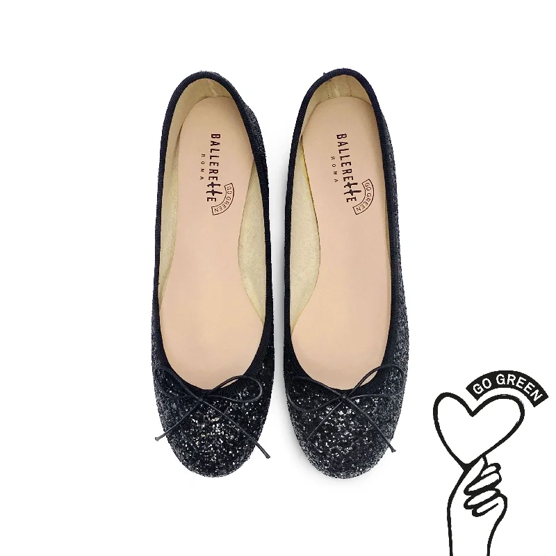 Women's Embroidered Floral Pattern Ballet Flats in White for a Spring - Inspired Outfit TT GO GREEN Collection - Black glitter ballet flats in ECO fabric Women's Embroidered Floral Pattern Ballet Flats in White for a Spring - Inspired Outfit TT GO GREEN Collection - Black glitter ballet flats in ECO fabric