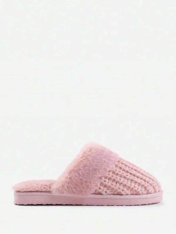 Women's Knitted Snug Faux Fur Slippers In Pink