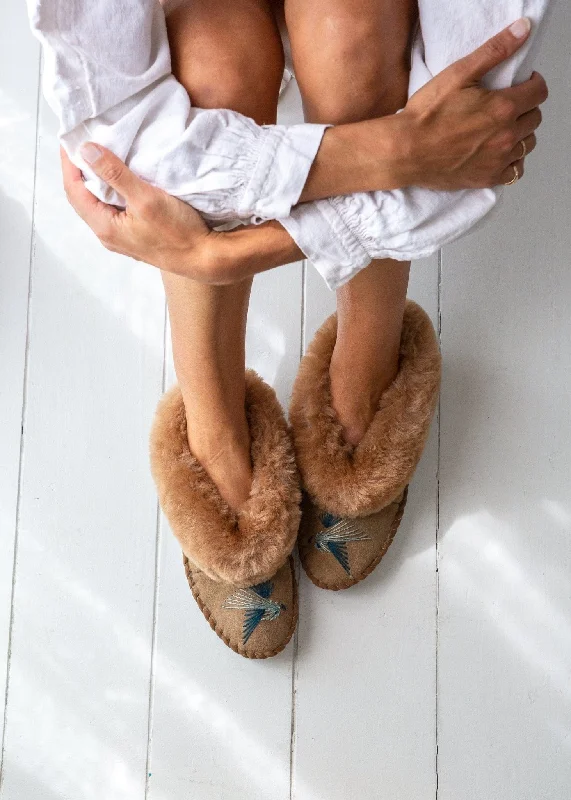 Women's Sheepskin Moccasins Slippers – Love Birds – Blue