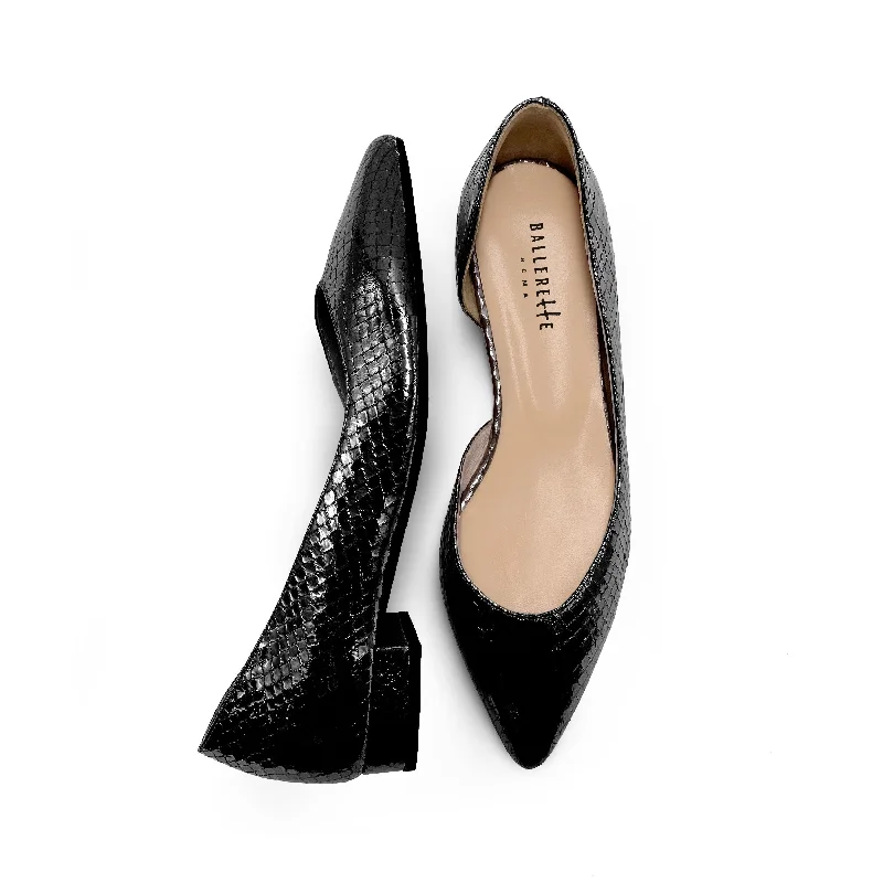Women's Bow - Embellished Ballet Flats with a Platform Sole in Red for Added Height Half d'Orsay Black Metallic Leather Ballet Flats Women's Bow - Embellished Ballet Flats with a Platform Sole in Red for Added Height Half d'Orsay Black Metallic Leather Ballet Flats