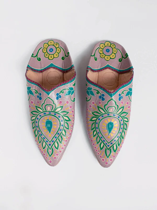 Hand Painted Leaf Babouche Slippers, Lilac