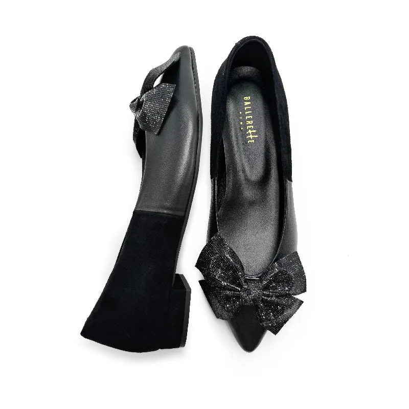 Women's Bow - Embellished Ballet Flats with a Platform Sole in Red for Added Height Black leather evening ballet flats with pointed toe and jewel bow Women's Bow - Embellished Ballet Flats with a Platform Sole in Red for Added Height Black leather evening ballet flats with pointed toe and jewel bow