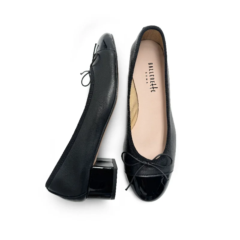 Women's Metallic Foil - Finish Ballet Flats in Gold for a Glamorous Night Out Black leather ballet flats with high heel and patent toe Women's Metallic Foil - Finish Ballet Flats in Gold for a Glamorous Night Out Black leather ballet flats with high heel and patent toe