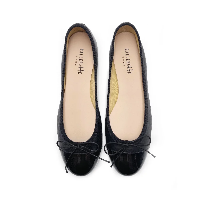 Women's Tassel - Trimmed Ballet Flats in Olive Green for a Trendy Twist Black leather ballet flats with black patent toe Women's Tassel - Trimmed Ballet Flats in Olive Green for a Trendy Twist Black leather ballet flats with black patent toe