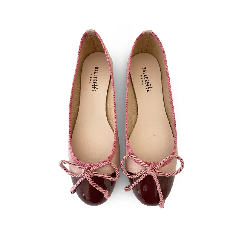 Women's Memory Foam Insole Ballet Flats in Pink for Extra Comfort Dusty pink leather ballet flats with bordeaux toe and pink bow Women's Memory Foam Insole Ballet Flats in Pink for Extra Comfort Dusty pink leather ballet flats with bordeaux toe and pink bow