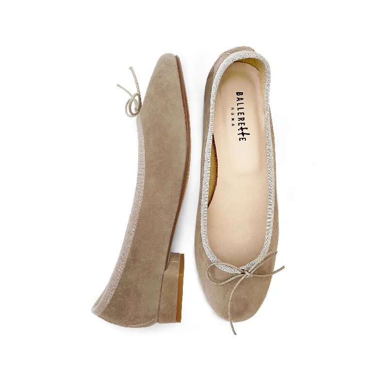 Women's Metallic Foil - Finish Ballet Flats in Gold for a Glamorous Night Out Dove grey suede medium heel ballet flats Women's Metallic Foil - Finish Ballet Flats in Gold for a Glamorous Night Out Dove grey suede medium heel ballet flats