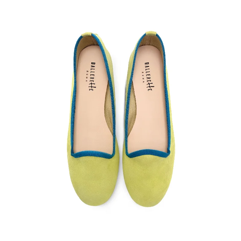 Women’s Lime Green Suede Loafers with Petrol Blue Details