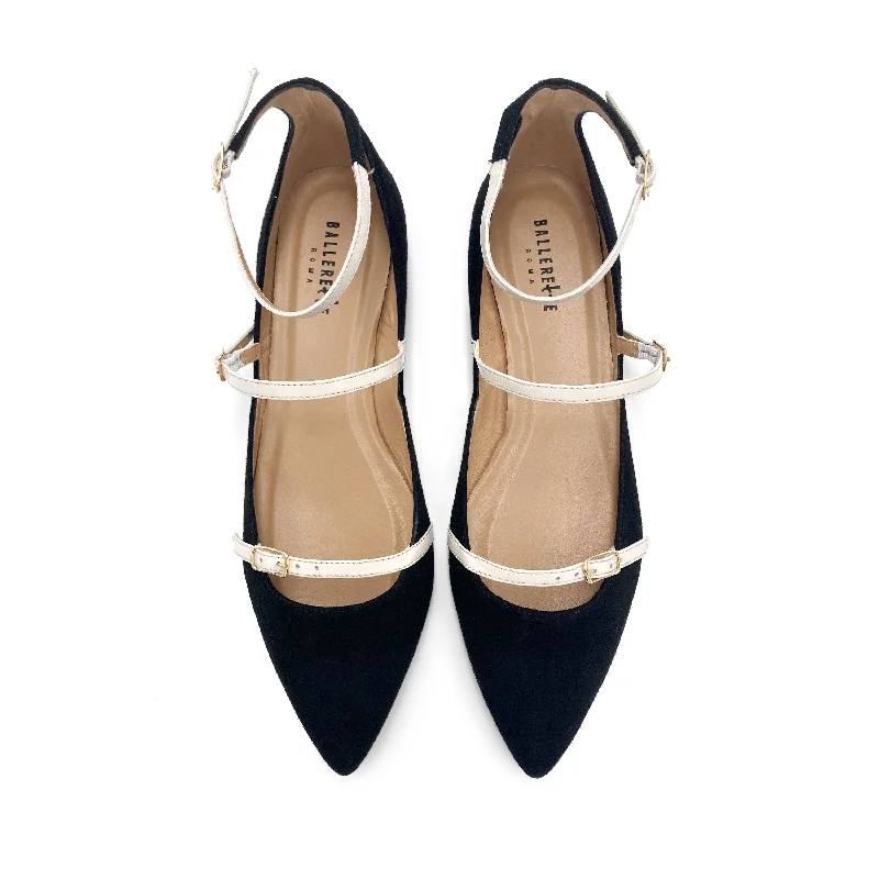 Women's Geometric - Patterned Ballet Flats in Multicolor for a Fashion - Forward Look Black Suede Ballet Flats with Cream Straps Women's Geometric - Patterned Ballet Flats in Multicolor for a Fashion - Forward Look Black Suede Ballet Flats with Cream Straps