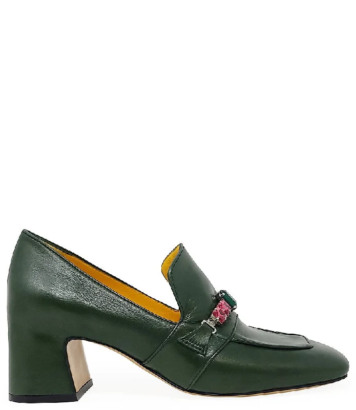 Green Leather Mid Heel Jeweled Loafer
