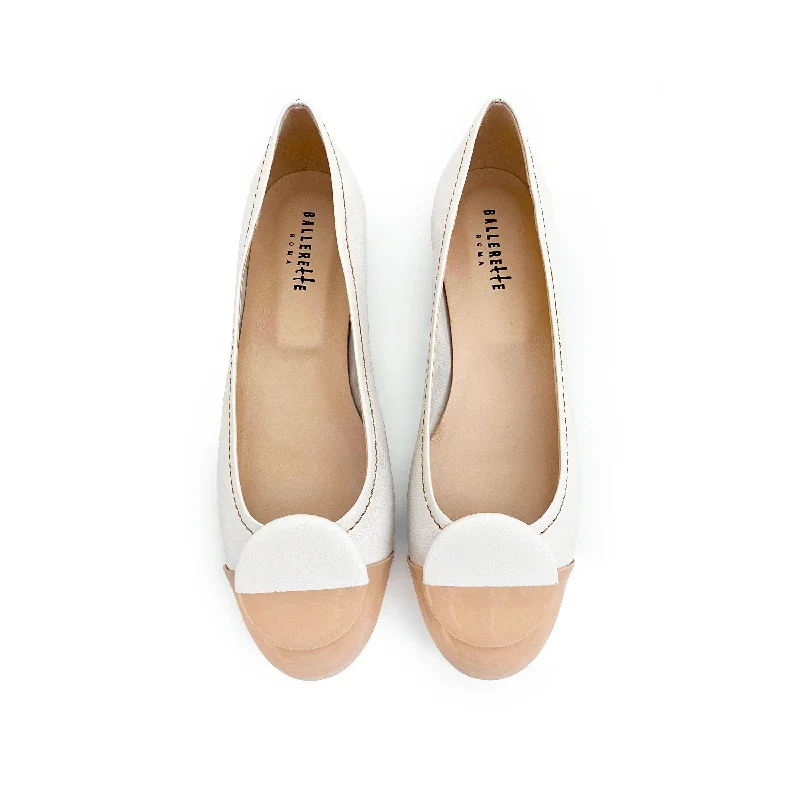 Women's Geometric - Patterned Ballet Flats in Multicolor for a Fashion - Forward Look White leather ballet flats, taupe patent leather toe and stud Women's Geometric - Patterned Ballet Flats in Multicolor for a Fashion - Forward Look White leather ballet flats, taupe patent leather toe and stud