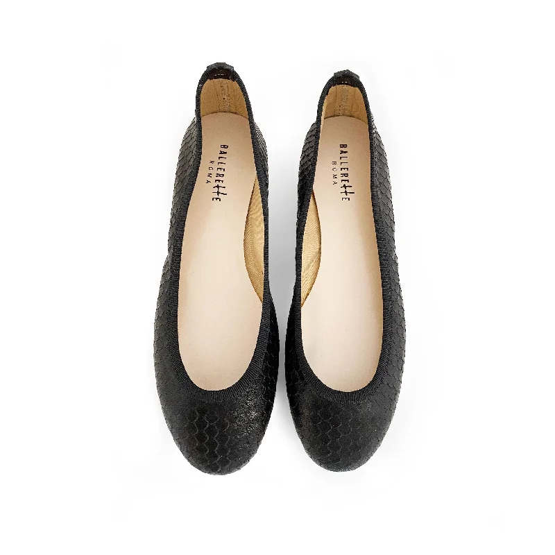 Women's Bow - Embellished Ballet Flats with a Platform Sole in Red for Added Height Black leather ballet flats cobra-skin effect