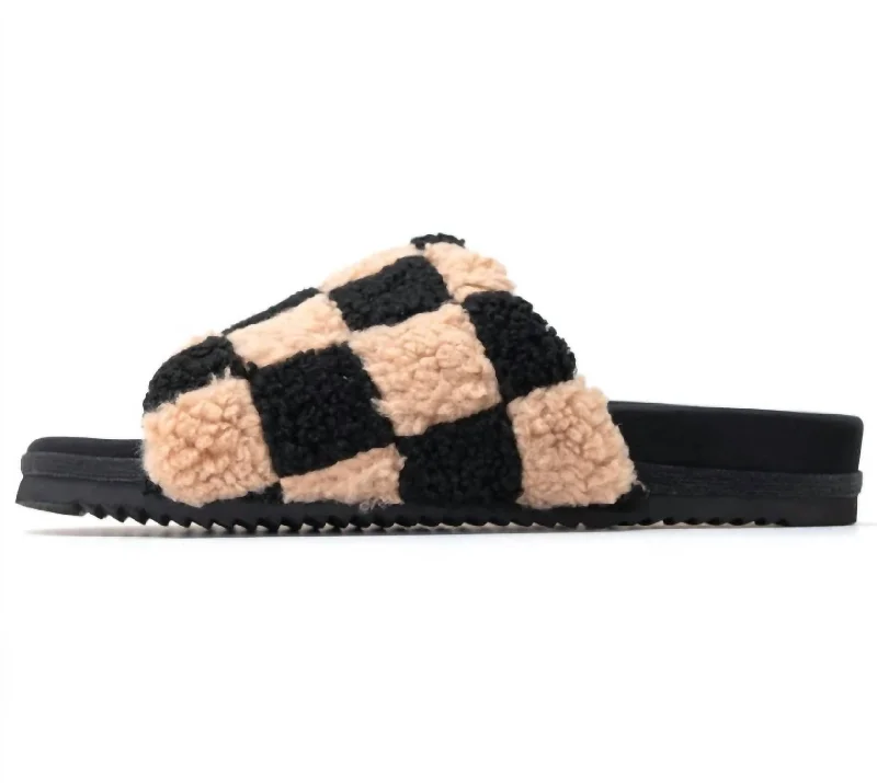 Fuzzy Faux Shearling Checker Sliders In Black & Beige