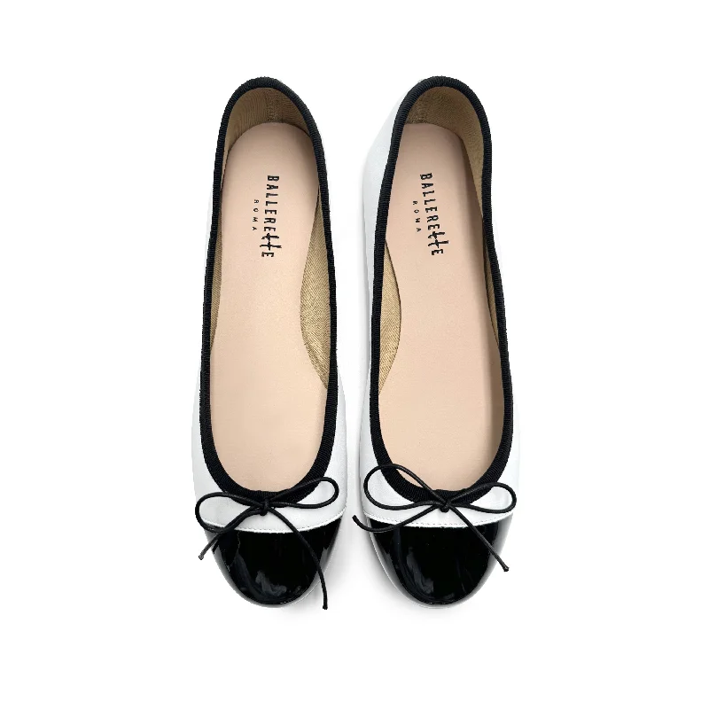 Women's Memory Foam Insole Ballet Flats in Pink for Extra Comfort White leather ballet flats with black patent toe Women's Memory Foam Insole Ballet Flats in Pink for Extra Comfort White leather ballet flats with black patent toe