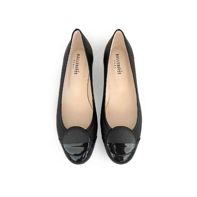 Women's Bow - Embellished Ballet Flats with a Platform Sole in Red for Added Height Black leather ballet flats with black patent toe and stud Women's Bow - Embellished Ballet Flats with a Platform Sole in Red for Added Height Black leather ballet flats with black patent toe and stud