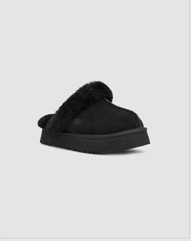 Women's Shoes UGG DISQUETTE Platform Sheepskin & Suede Slippers 1122550 BLACK