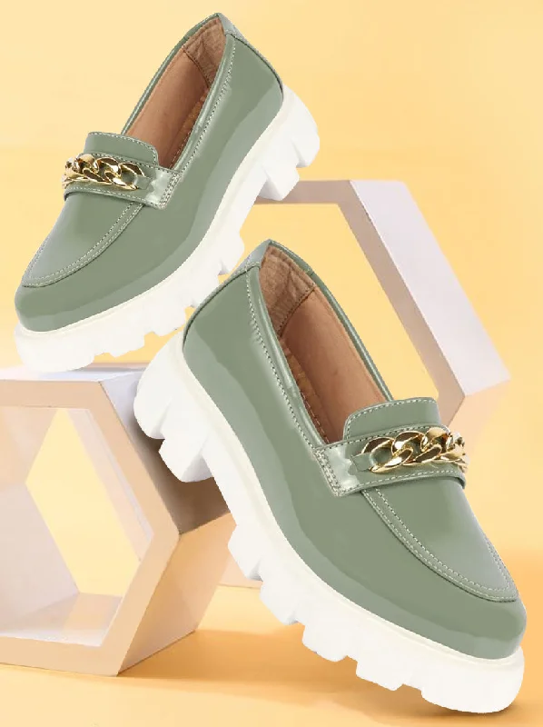 Women Pista Green Patent Leather Shiny Chain Buckle Classic Casual Slip On Loafer Shoes Women Pista Green Patent Leather Shiny Chain Buckle Classic Casual Slip On Loafer Shoes