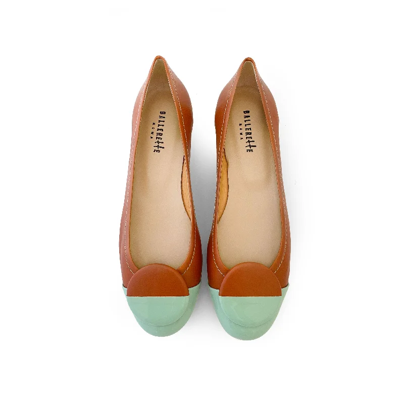 Women's Fur - Lined Ballet Flats in Tan for a Cozy Winter Option Tan leather ballet flats with green patent leather toe and stud Women's Fur - Lined Ballet Flats in Tan for a Cozy Winter Option Tan leather ballet flats with green patent leather toe and stud