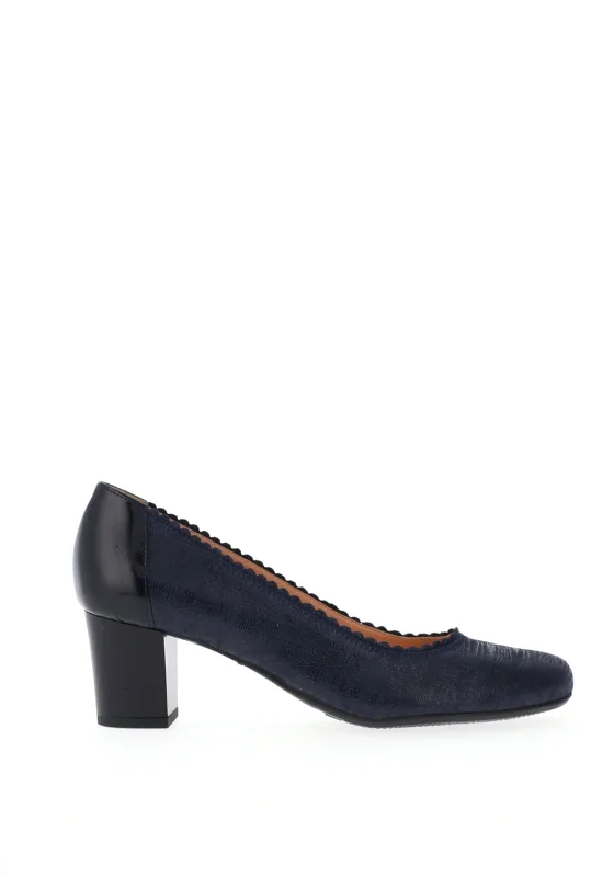 Women's evening gala stiletto heel pumps in a long - lasting color Bioeco by Arka Leather Scalloped Edge Block Heel Shoes, Navy Women's evening gala stiletto heel pumps in a long - lasting color Bioeco by Arka Leather Scalloped Edge Block Heel Shoes, Navy