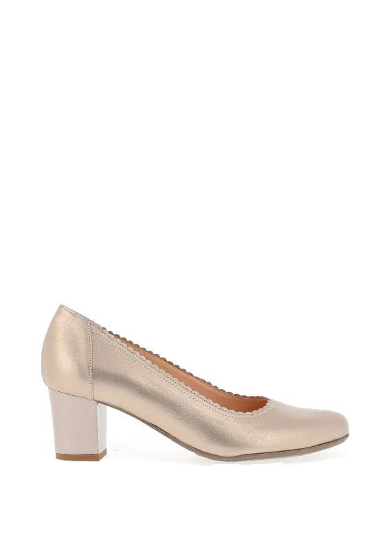 Women's metallic leather stiletto heel pumps with a reflective surface Bioeco by Arka Leather Scalloped Edge Block Heeled Shoes, Rose Gold Women's metallic leather stiletto heel pumps with a reflective surface Bioeco by Arka Leather Scalloped Edge Block Heeled Shoes, Rose Gold