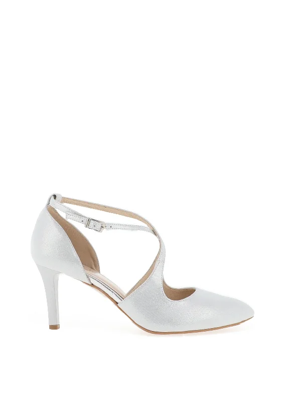 Women's ankle - strap stiletto heel pumps with a cut - out detail Emis Cross Over Shimmer Court Shoes, White Silver Women's ankle - strap stiletto heel pumps with a cut - out detail Emis Cross Over Shimmer Court Shoes, White Silver