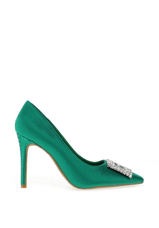 Women's evening gala stiletto heel pumps in a long - lasting color Zen Collection Satin Brooch Heeled Shoe, Green Women's evening gala stiletto heel pumps in a long - lasting color Zen Collection Satin Brooch Heeled Shoe, Green