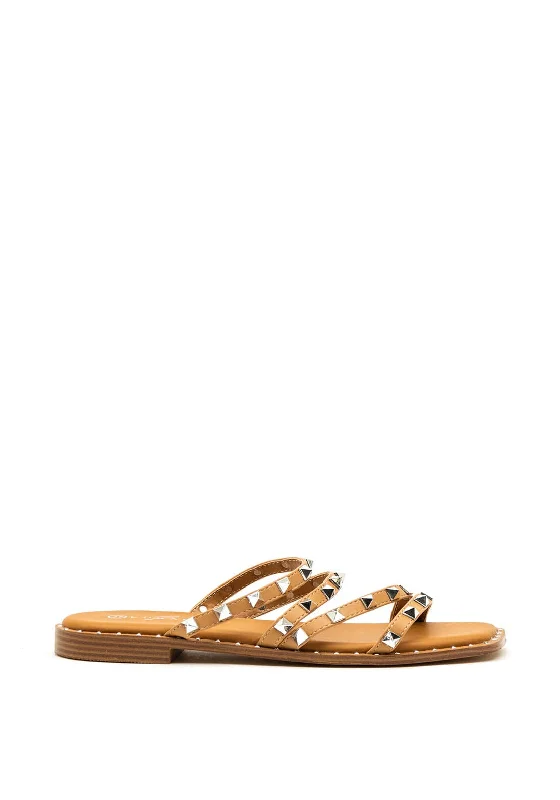 Women's Rhinestone - Embellished Open - Toe Sandals in Silver for a Glamorous Party Look Lunar Sydney Stud Strap Slip on Sandals, Tan Women's Rhinestone - Embellished Open - Toe Sandals in Silver for a Glamorous Party Look Lunar Sydney Stud Strap Slip on Sandals, Tan