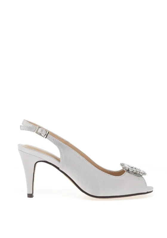 Women's metallic leather stiletto heel pumps with a reflective surface Lunar Elegance Venice Satin Brooch Heeled Shoes, Silver Women's metallic leather stiletto heel pumps with a reflective surface Lunar Elegance Venice Satin Brooch Heeled Shoes, Silver