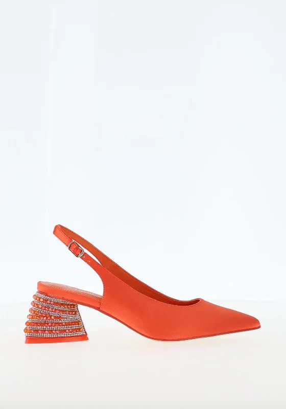 Women's office - appropriate stiletto heel pumps with a low - heel option Menbur Satin Sling Back Embellished Block Heel Shoes, Orange Women's office - appropriate stiletto heel pumps with a low - heel option Menbur Satin Sling Back Embellished Block Heel Shoes, Orange
