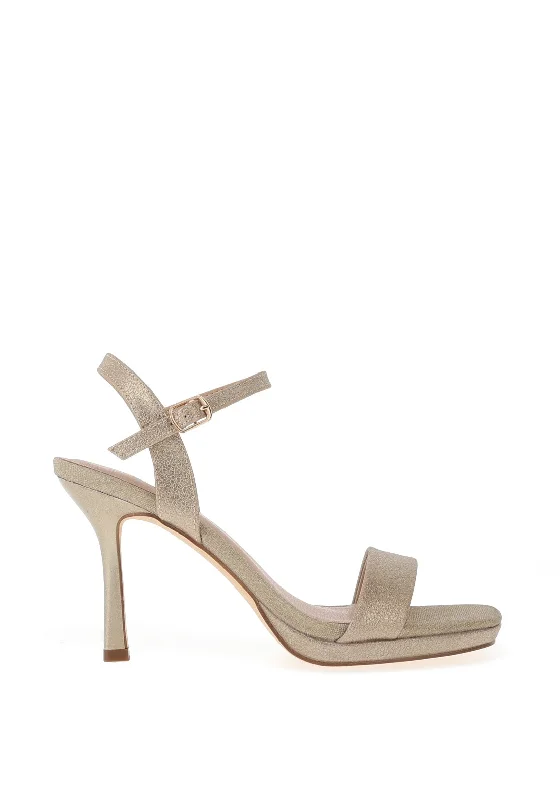 Women's cocktail party stiletto heel pumps with a unique pattern Menbur Shimmer Square Toe Heeled Sandals, Gold