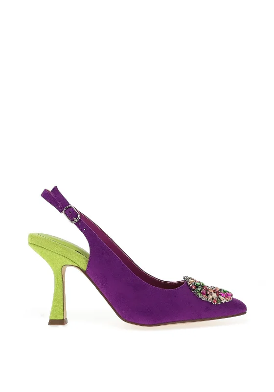 Women's office - appropriate stiletto heel pumps with a low - heel option Menbur Pointed Toe Brooch Heeled Shoes, Purple & Lime