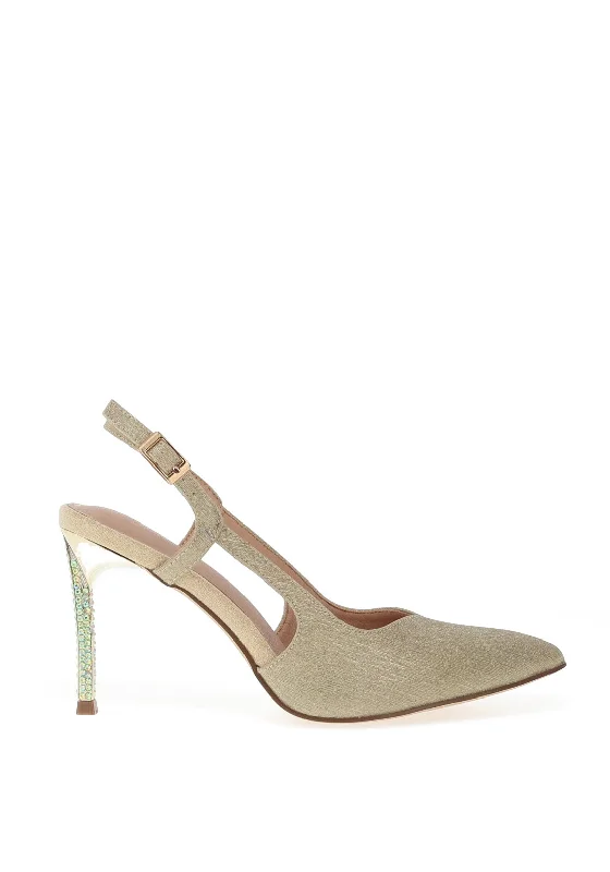 Women's evening gala stiletto heel pumps in a long - lasting color Menbur Pointed Toe Diamante Heeled Shoes, Gold