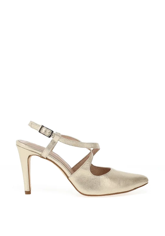 Women's genuine leather stiletto heel pumps with a soft finish Zany Shimmer Cross Strap Court Shoes, Gold