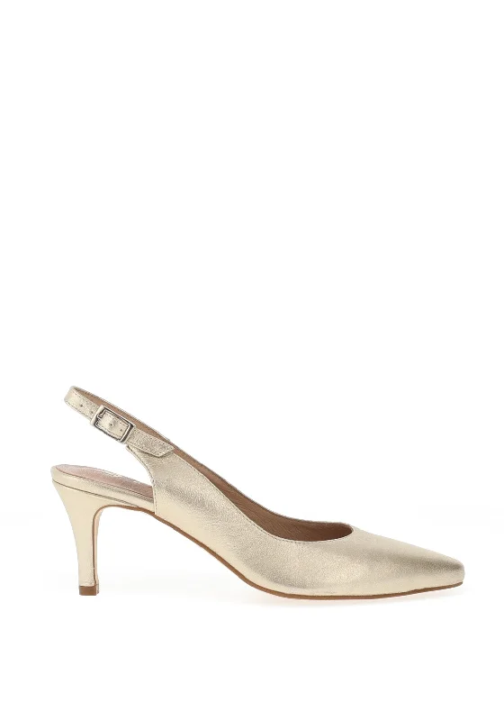 Women's metallic leather stiletto heel pumps with a reflective surface Zany Shimmer Sling Back Court Shoes, Gold Women's metallic leather stiletto heel pumps with a reflective surface Zany Shimmer Sling Back Court Shoes, Gold