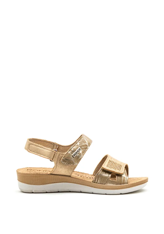 Women's Sandals with a Glitter - Coated Strap in Gold for a Sparkly Summer Outfit Rohde Leather Metallic Velcro Strap Sandals, Beige Women's Sandals with a Glitter - Coated Strap in Gold for a Sparkly Summer Outfit Rohde Leather Metallic Velcro Strap Sandals, Beige