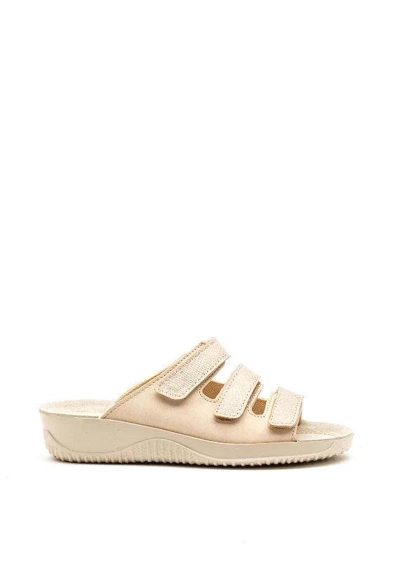 Women's Sandals with a Glitter - Coated Strap in Gold for a Sparkly Summer Outfit Rohde Leather Velcro Strap Slip on Sandals, Nude Women's Sandals with a Glitter - Coated Strap in Gold for a Sparkly Summer Outfit Rohde Leather Velcro Strap Slip on Sandals, Nude