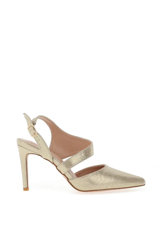 Women's padded - insole stiletto heel pumps for added comfort Sorento Castlemarty Sling Back Pointed Toe Heel Shoe, Gold Shine