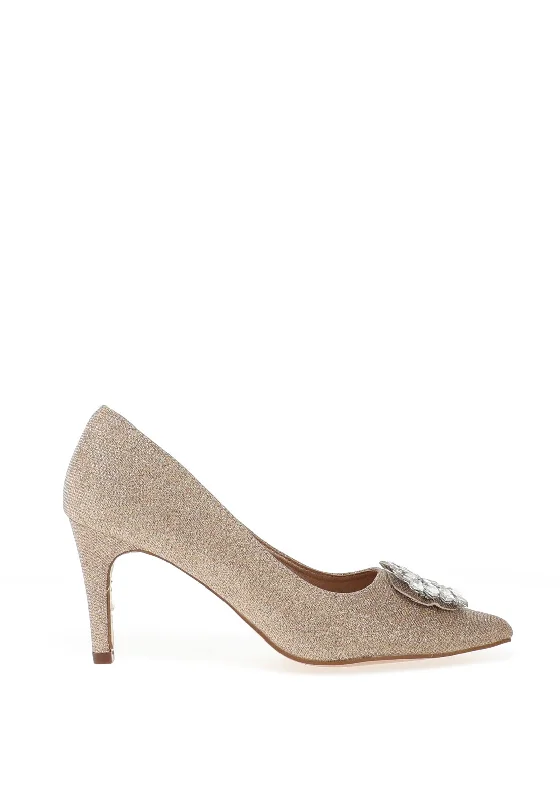 Women's studded stiletto heel pumps for an edgy look Sorento Glitter Diamante Brooch Court Shoes, Gold Women's studded stiletto heel pumps for an edgy look Sorento Glitter Diamante Brooch Court Shoes, Gold