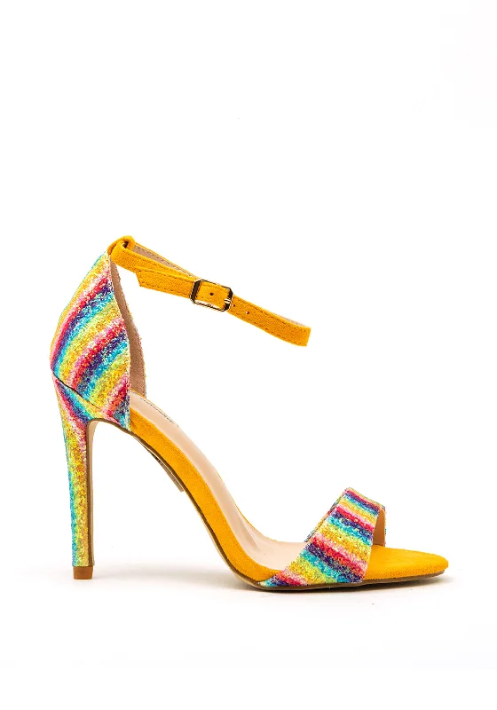 Women's Flat Slide Sandals with a Memory Foam Insole in White for All - Day Comfort Zen Collection Rainbow Striped Glitter Heeled Sandals, Yellow Women's Flat Slide Sandals with a Memory Foam Insole in White for All - Day Comfort Zen Collection Rainbow Striped Glitter Heeled Sandals, Yellow