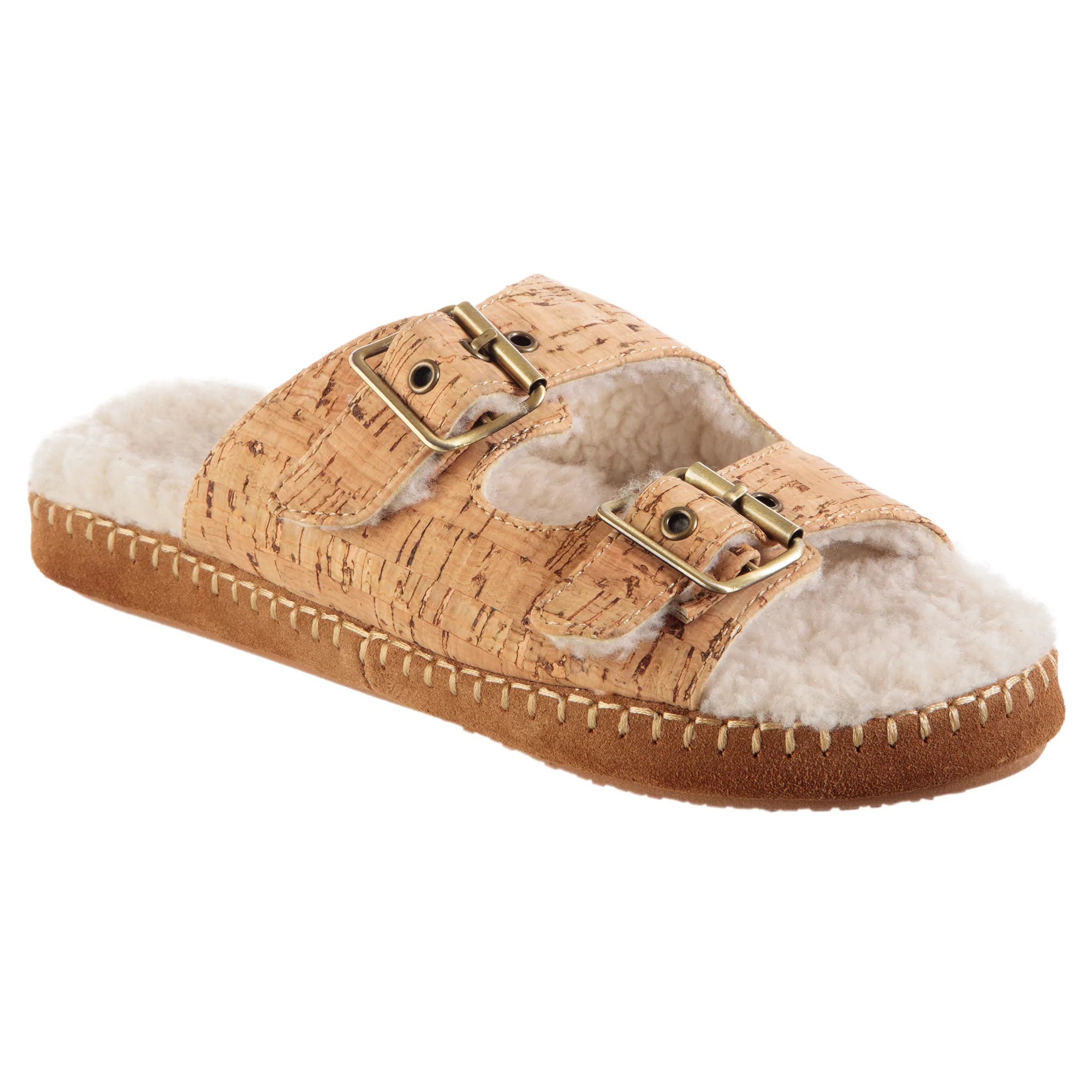 Women's Knitted Cable Pattern Slippers with a Non - Slip Sole in Cream for Indoor Comfort Camden Double Buckle Slide - Cork Women's Knitted Cable Pattern Slippers with a Non - Slip Sole in Cream for Indoor Comfort Camden Double Buckle Slide - Cork