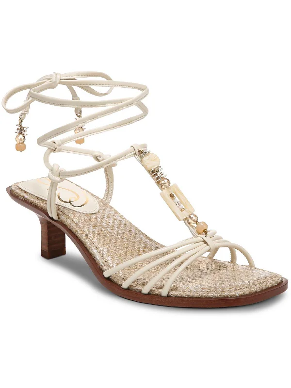 Women's Embroidered Heeled Sandals with Wedge Heel and Open Back in Cream for a Bohemian and Relaxed Summer Outfit Dacie Womens Faux Leather Square Toe Heels