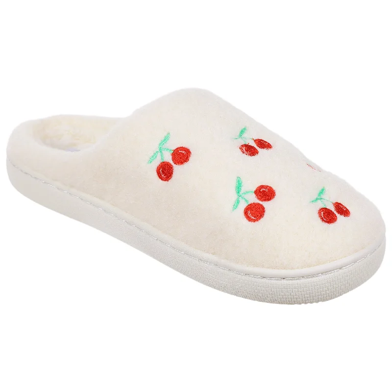 Women's Gel - Cushioned Slippers with a Soft Sole in Blue for All - Day Comfort Ladies Faux Berber Scuff with Allover Cherries Women's Gel - Cushioned Slippers with a Soft Sole in Blue for All - Day Comfort Ladies Faux Berber Scuff with Allover Cherries