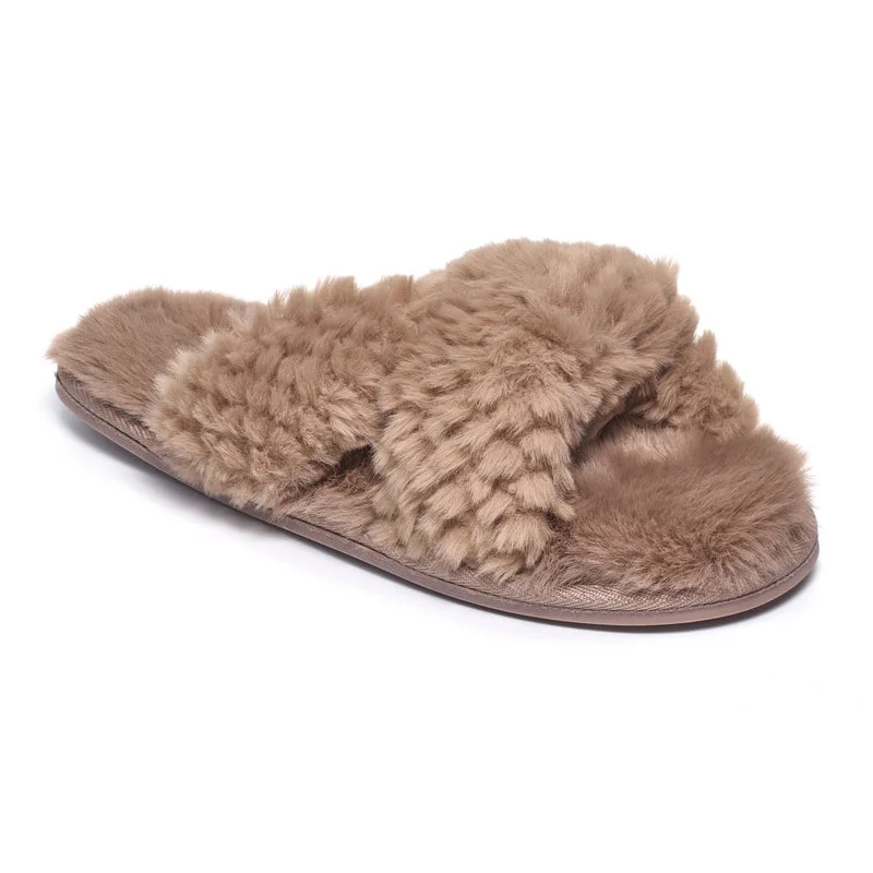 Women's Slippers with a Built - in Heel in Black for a Slightly Elevated Look Nicki - Waffle Faux Fur Crossover Slipper Slider - Gingerbread Women's Slippers with a Built - in Heel in Black for a Slightly Elevated Look Nicki - Waffle Faux Fur Crossover Slipper Slider - Gingerbread