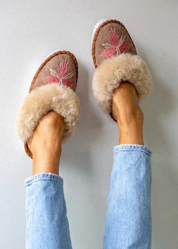 Women's Knitted Cable Pattern Slippers with a Non - Slip Sole in Cream for Indoor Comfort Women's Sheepskin Mules – Medina Pink