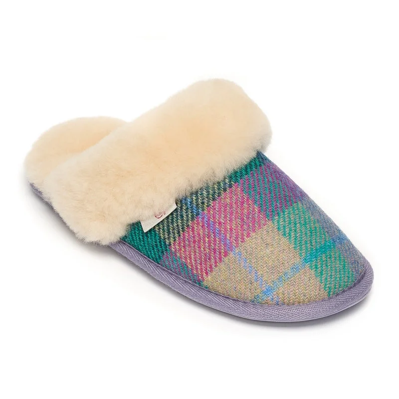 Women's Gel - Cushioned Slippers with a Soft Sole in Blue for All - Day Comfort Kate - Harris Tweed Mule - Lilac / Blue check Women's Gel - Cushioned Slippers with a Soft Sole in Blue for All - Day Comfort Kate - Harris Tweed Mule - Lilac / Blue check