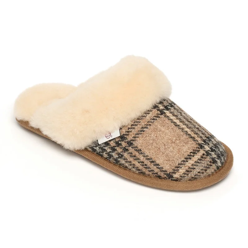 Women's Moccasin - Style Slippers with Fringe Detail in Brown for a Rustic Look Kate - Harris Tweed Mule - Nutmeg Check Women's Moccasin - Style Slippers with Fringe Detail in Brown for a Rustic Look Kate - Harris Tweed Mule - Nutmeg Check