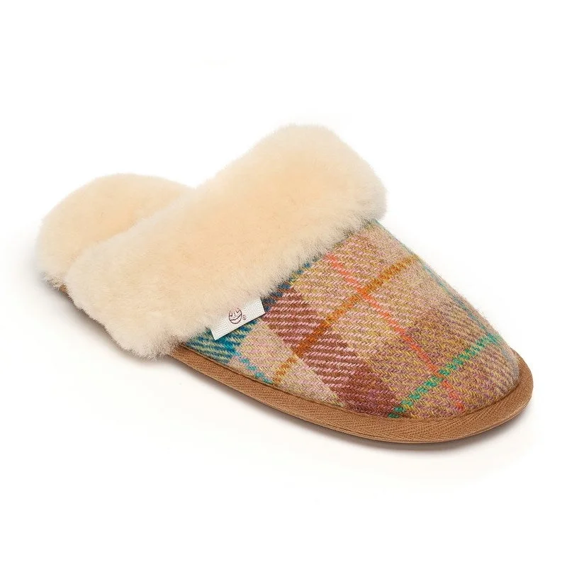 Women's Slippers with a Quilted Pattern in Gray for Added Style Kate - Harris Tweed Mule - Sand / Honey Check Women's Slippers with a Quilted Pattern in Gray for Added Style Kate - Harris Tweed Mule - Sand / Honey Check