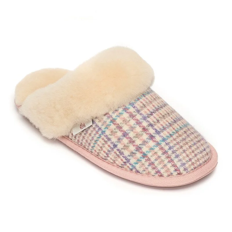 Women's Knitted Cable Pattern Slippers with a Non - Slip Sole in Cream for Indoor Comfort Kate - Harris Tweed Mule Slipper - Natural POW Check Women's Knitted Cable Pattern Slippers with a Non - Slip Sole in Cream for Indoor Comfort Kate - Harris Tweed Mule Slipper - Natural POW Check